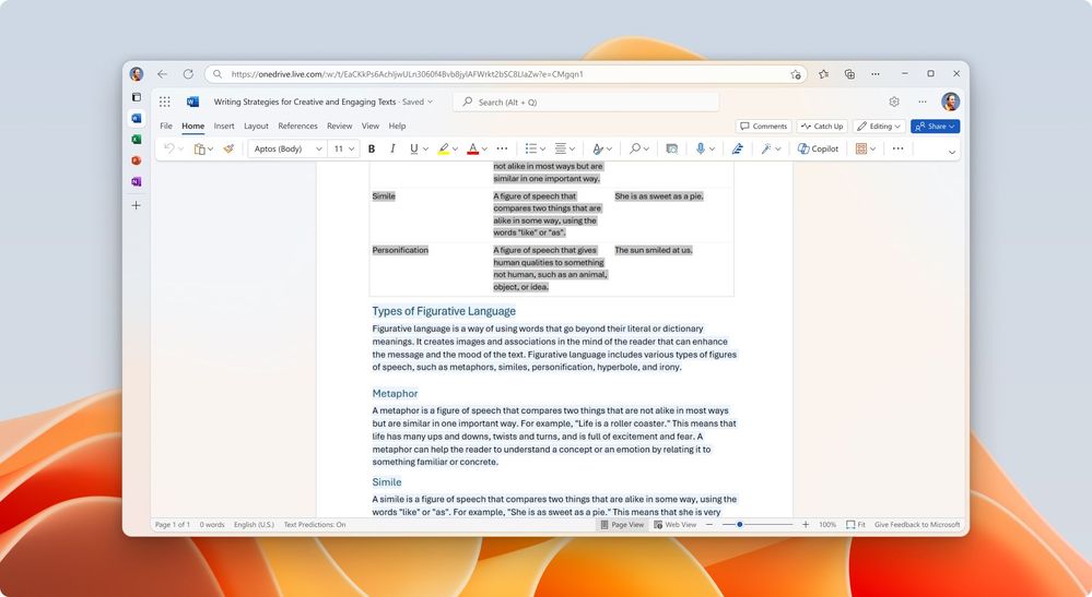 A computer screenshot showing a highlighted section of a table and content from Copilot that was transformed from the table into rich paragraphs.