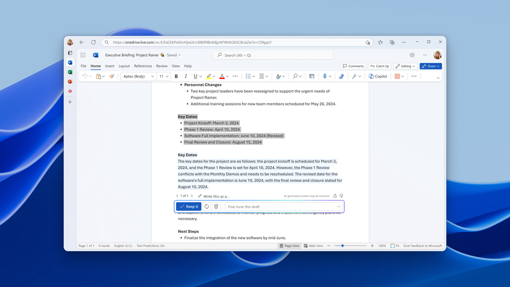 A computer screenshot showing a highlighted section of copy with a Draft with Copilot output in the document and a confirmation UI.