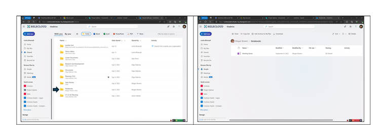 A before (left) and after (right) look at the Shared folder experience in OneDrive for the Web.