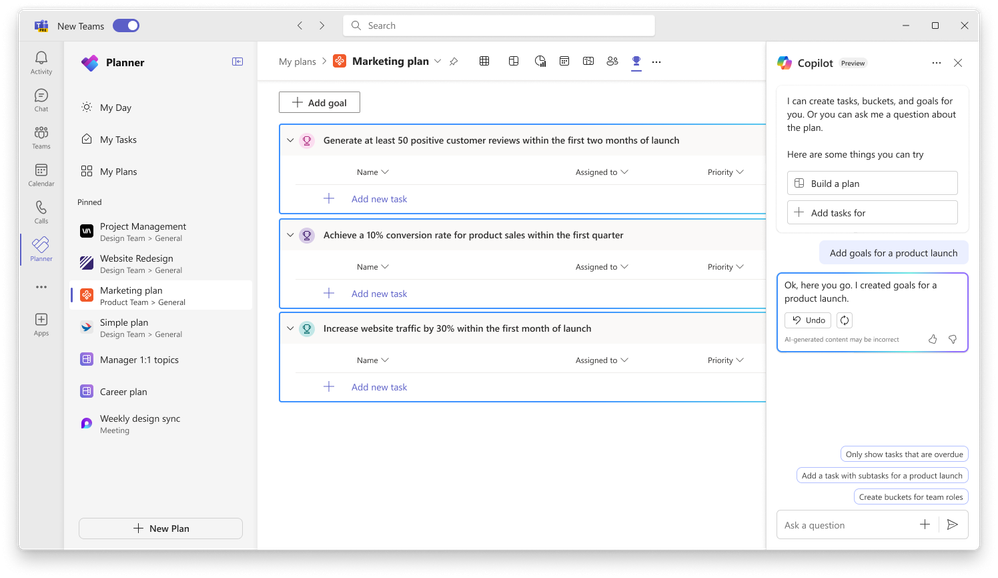 Copilot in the new Planner can help with planning, managing, and tracking projects.