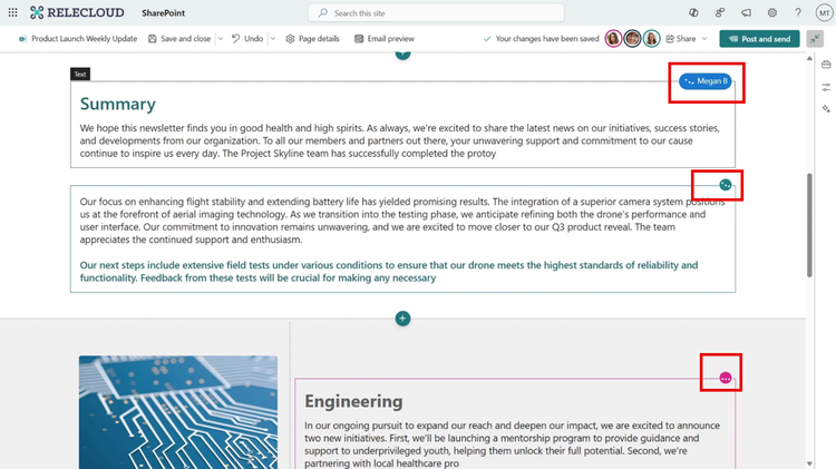 When co-authoring on a SharePoint page, you'll see where your colleagues are working - on the page, within web parts, within sections.