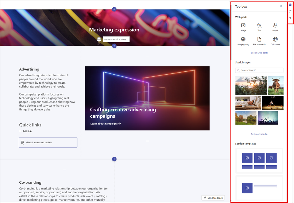 The new SharePoint content pane in use during edit mode - showing Web part, Stock images, and Section templates.