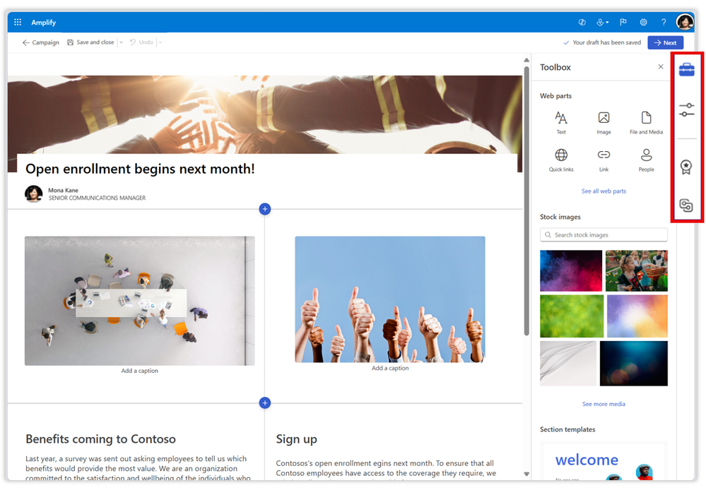 The new SharePoint content pane in use in Viva Amplify during edit mode - showing Web part, Stock images, and Section templates.