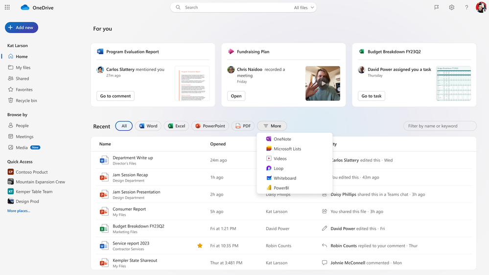 You will see a new dropdown menu to filter content when using OneDrive.