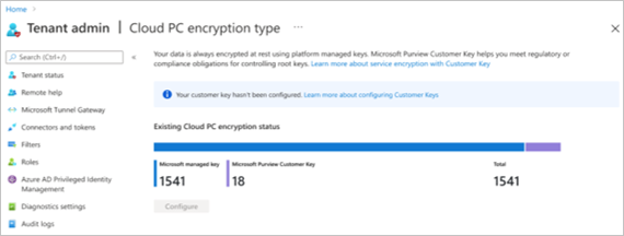 Insight into the existing Cloud PC encryption status is available in the Tenant admin area of the Intune admin center