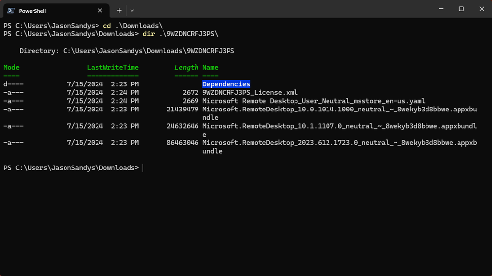 The folder contents from using WinGet to download the Microsoft Remote Desktop application.