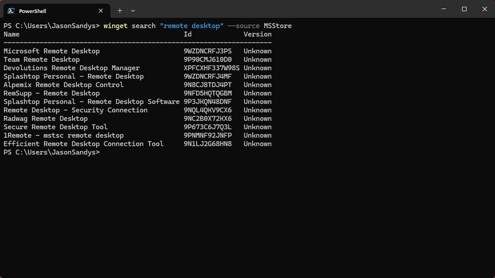 The result from running WinGet search for “remote desktop”.