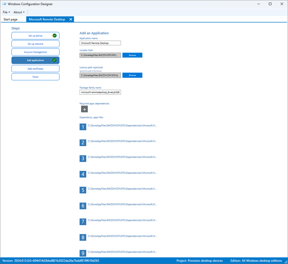 The 'Add applications' page in WCD completed for Microsoft Remote Desktop including x64 dependencies.