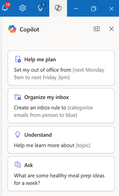 An image of suggested prompts from Copilot in Outlook when you open Copilot from the Copilot icon.