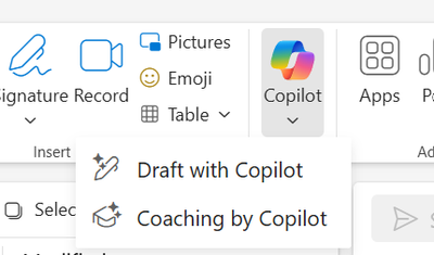 An image of Draft with Copilot option in the Copilot dropdown menu on the toolbar of a new email