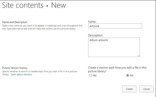 Entering a name and description for the picture library.