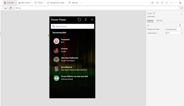 Example of a track list screen
