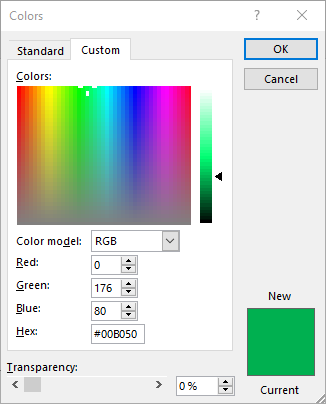Color picker in Office apps with field to enter Hex color value