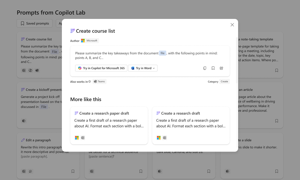Copilot Lab prompt card in the web experience featuring the ability to run a prompt in the designated app by selecting the “Try in” button.