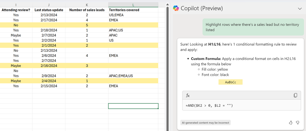 An Excel worksheet where the user has asked Copilot to “highlight rows where there’s a sales lead but no territory listed” and Copilot has suggested a conditional formatting rule to review and apply.