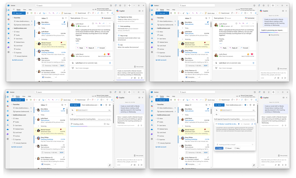 Image shows the process when asking Copilot to draft an email using the right side pane chat inside Outlook