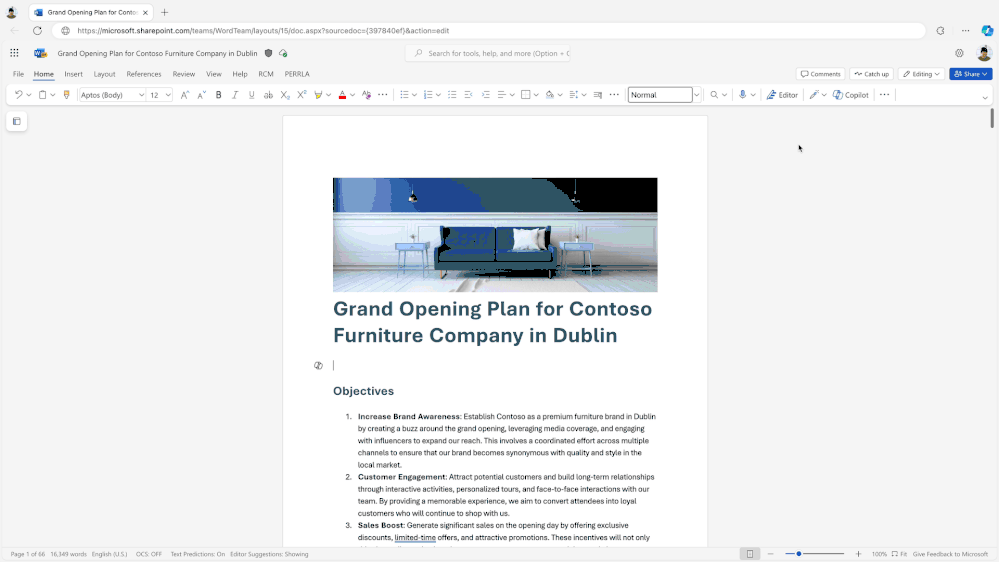 A 66-page Word document is open. The user clicks on the Copilot icon, the Copilot chat pane appears, and the user asks Copilot to “Summarize this doc”. A summary appears in the Copilot chat pane.