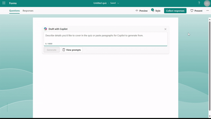 A computer screen showing a prompt window to draft with Copilot to create a quiz.