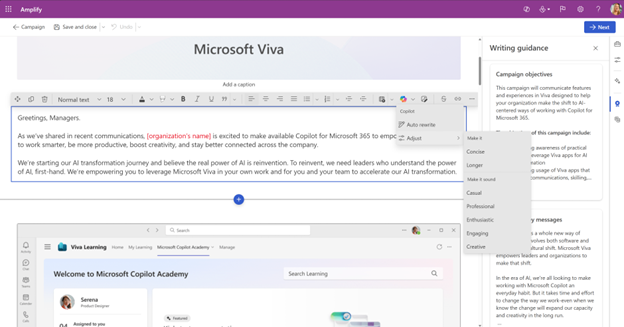 A computer screenshot showing the Microsoft Viva page with a draft of an email being written to all managers.
