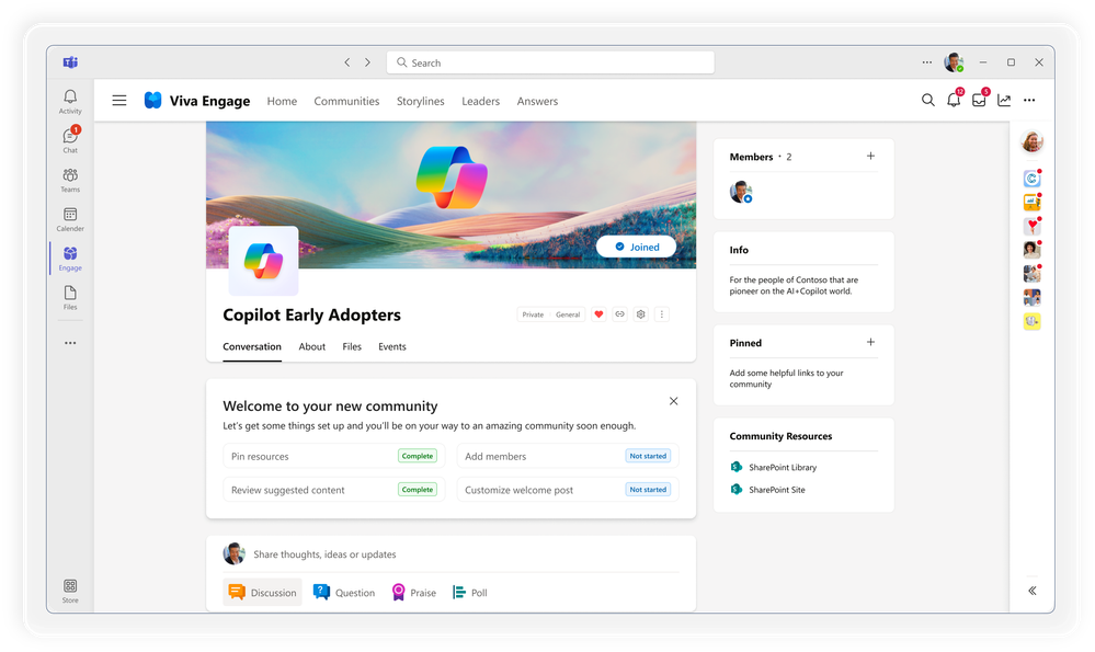 A computer screenshot showing the Viva Engage page in Microsoft Teams, with highlighted actions for the button called Launch early adopters as well as the link to Apply adoption features to an existing community.