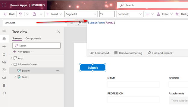 Button's OnSelect function configured in the Power Apps environment to enable submitting form data into the database.