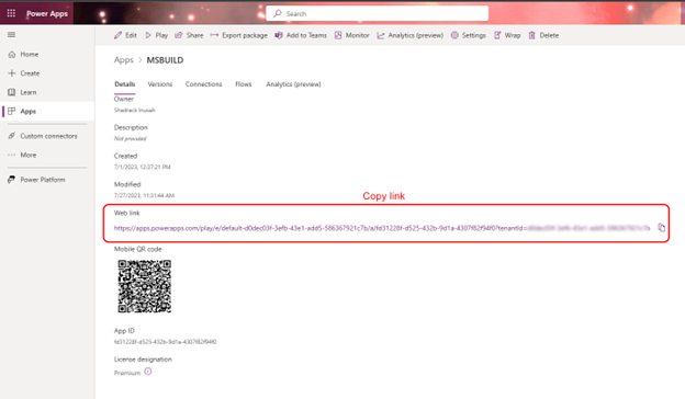 Sharing a Power Apps application with other users.