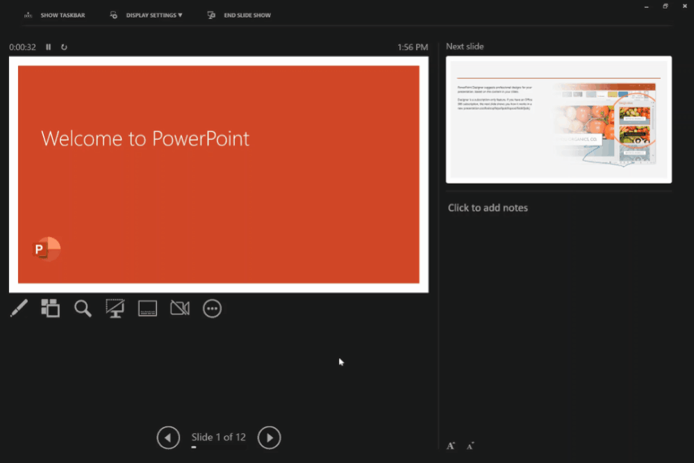 Edit notes in Presenter view by clicking on the Notes pane
