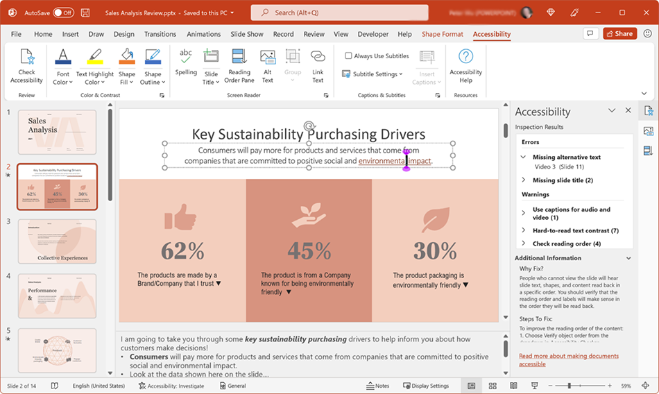 The Accessibility ribbon in PowerPoint