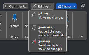 Mode menu with Editing option selected