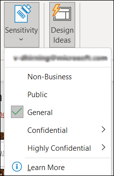 Sensitivity label button and options in Word