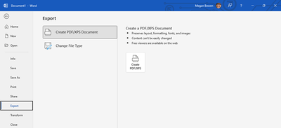 File > Export > PDF path to creating a PDF in Word