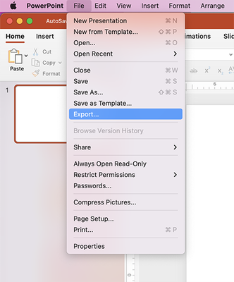 File > Export menu in PowerPoint for Mac
