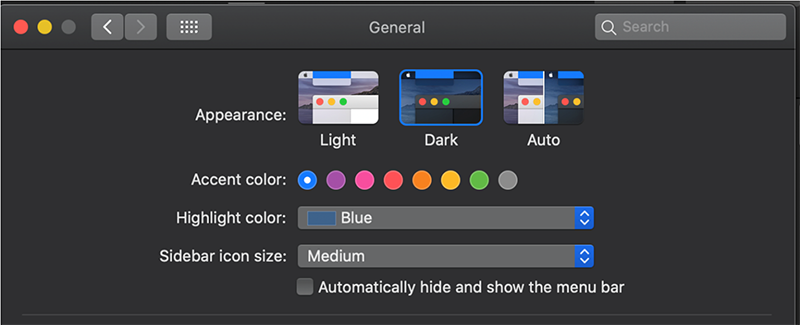 Word for Mac Settings dialog box with Dark appearance selected