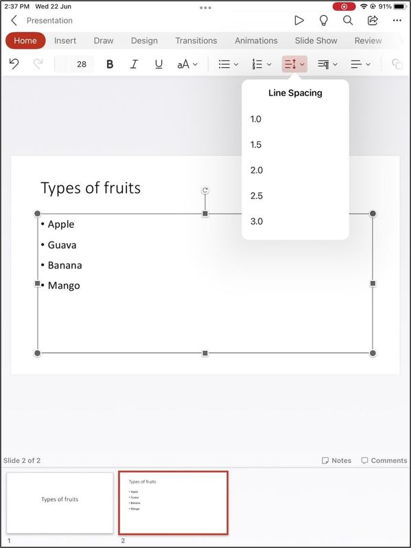 Adjust line spacing in a PowerPoint slide on iPad