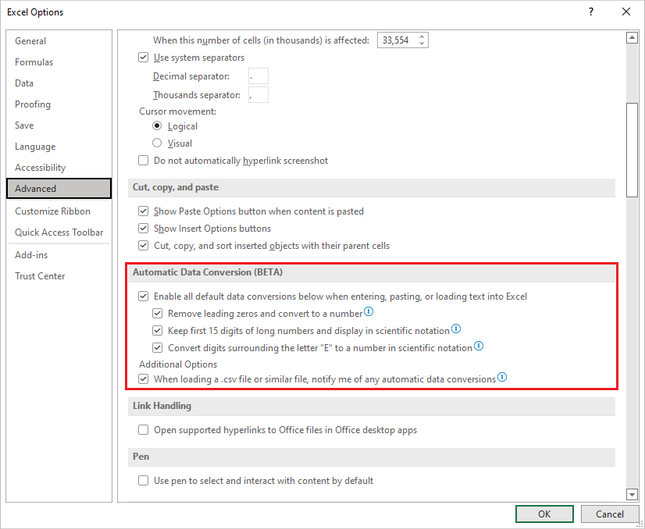 Excel Options dialog box on Windows highlighting Automatic Data Conversion section