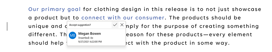 Hover over checkmark icon to see text as it would appear with change accepted