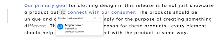 Track Changes pop-up card in Word for desktop