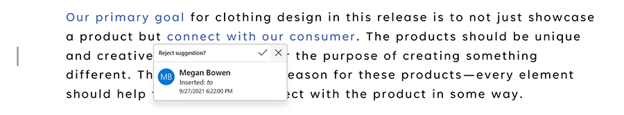 Hover over X icon to see text as it would appear with change rejected