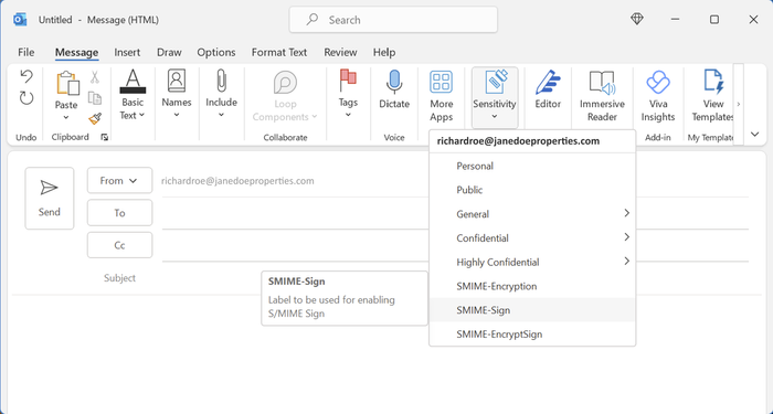 Dropdown menu of new sensitivity labels in Outlook