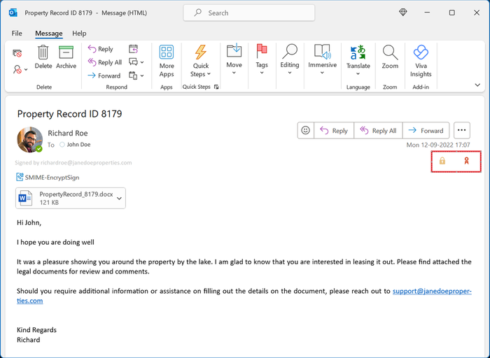 Sign and Encrypt icons show once applied in email