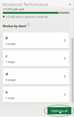 Check Performance pane in Excel for the web with Optimize all option highlighted