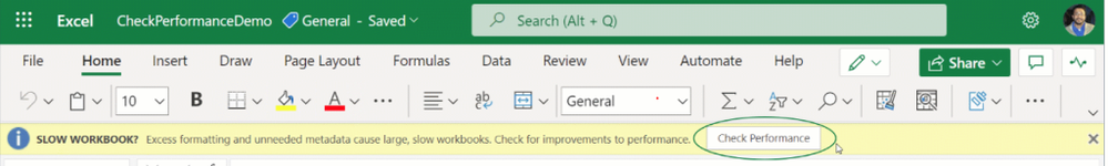 Check Performance notification bar in Excel for the web