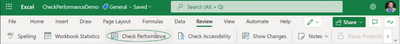 Check Performance button on the Review tab in Excel for the web