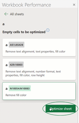 Check Performance pane in Excel for the web with Optimize Sheet option highlighted