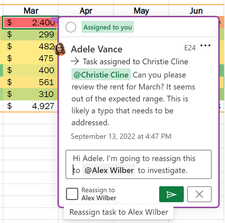 Reassign a task in the same comment by using an @mention