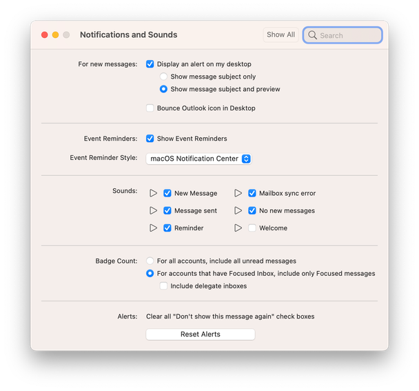Outlook Preferences > Notifications and Sounds
