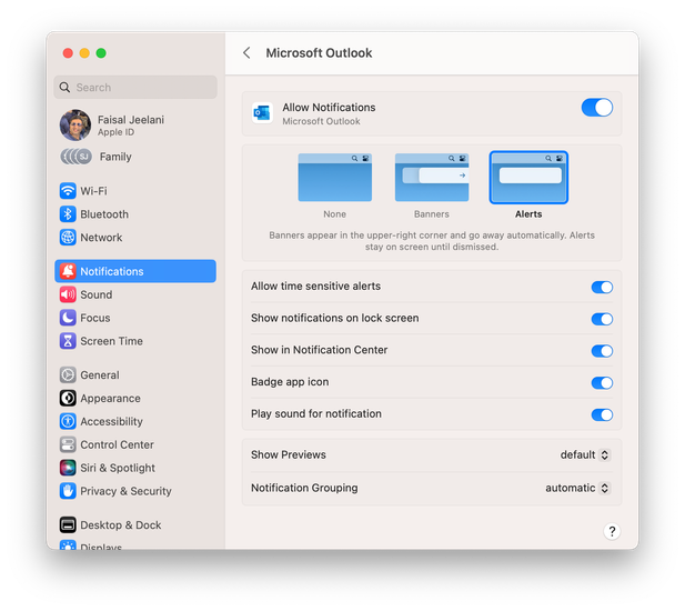 macOS settings Notifications > Outlook