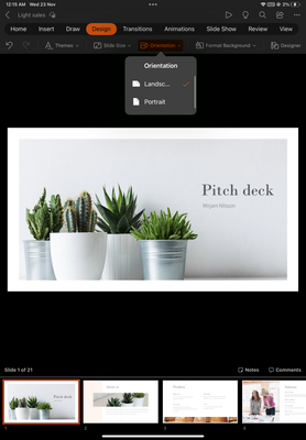Design > Orientation menu on iPad