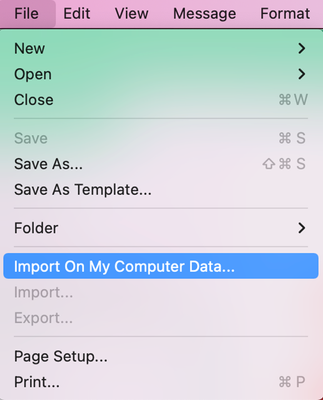 File menu with "Import On My Computer Data" command selected