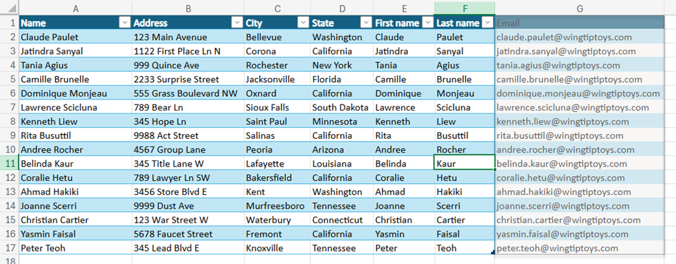 Picture of the list of employees with a preview of the new email column that would be added with the concatenated email addresses in each row.